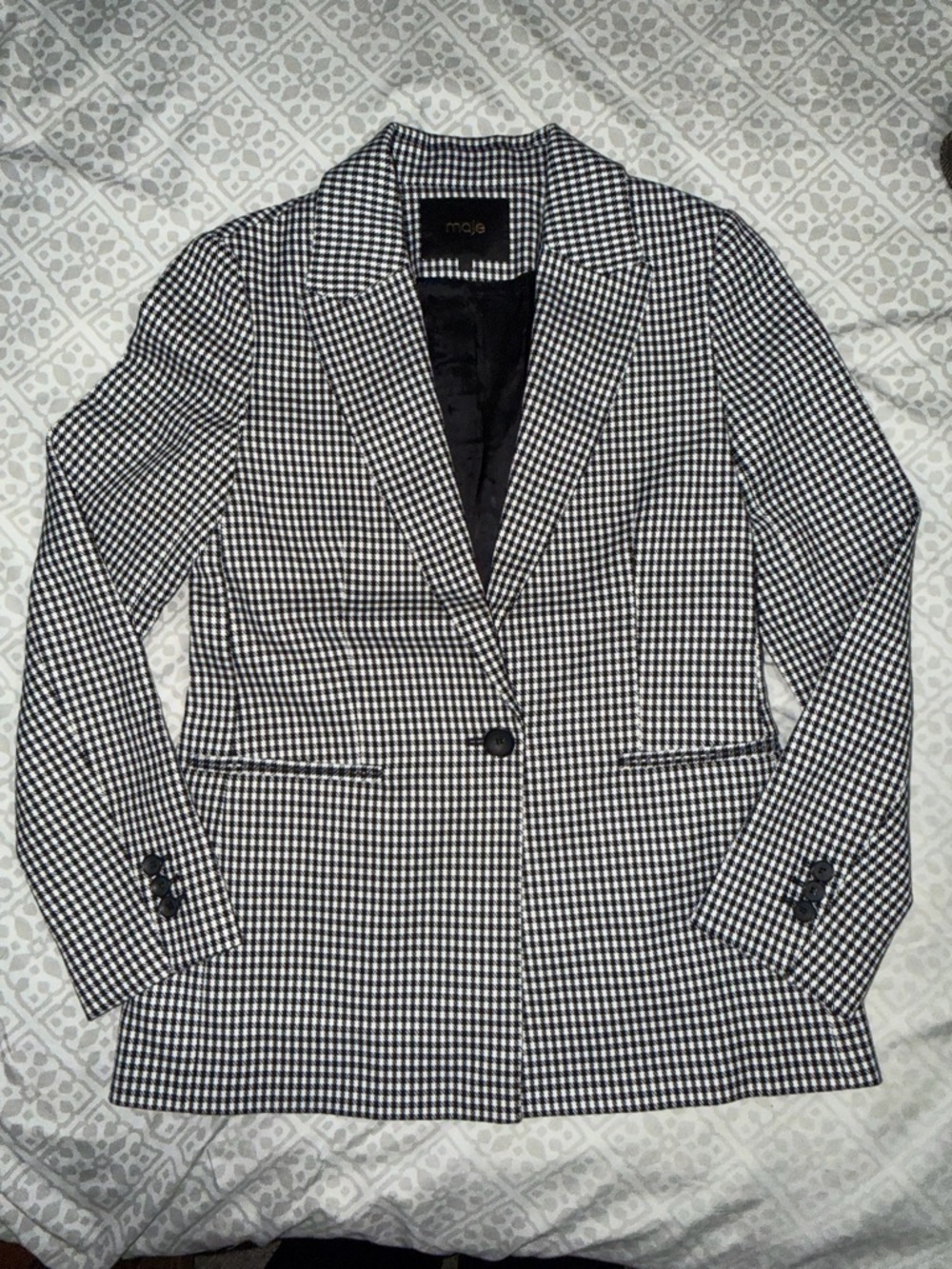 Maje Black & White Houndstooth Tailored Single-Button Blazer